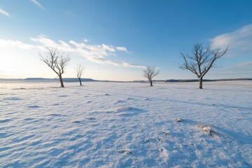 Serene winter landscape with bare trees in snowy field