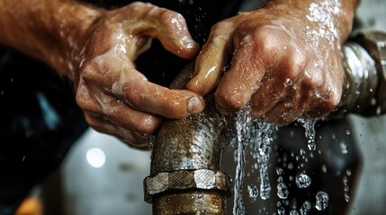 Close-up of a plumber's hands fixing a burst pipe with water leakage, highlighting the urgency and skill involved in emergency plumbing repairs.