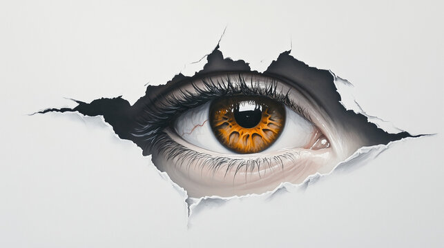 Eye looking trhough a rip in wall or page or screen. closeup.