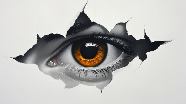 Eye looking trhough a rip in wall or page or screen. closeup.