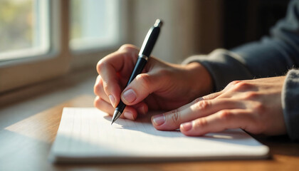 Close-Up of Handwriting with Pen on Lined Paper in Warm Natural Light, Evoking Calm and Focus, Ideal for Creativity, Mindfulness, Reflection, and Personal Storytelling Imagery