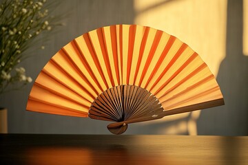 Orange hand fan on table in soft light with shadows