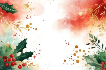 Watercolor holiday background with holly leaves, berries, and splashes in red and green, perfect for festive designs.
