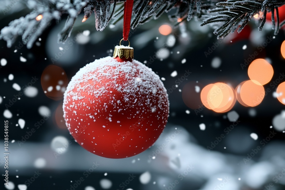 Aufkleber a close-up of a red christmas ornament dusted with snow, hanging from an evergreen branch with warm 