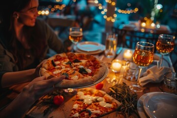 Candlelit outdoor dinner with pizza and wine