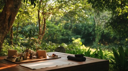 Fototapeta premium A serene yoga retreat amidst lush greenery, Yoga mats and props arranged for a session, Wellness lifestyle style