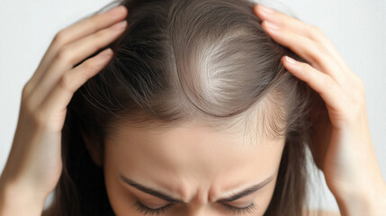 Fototapeta premium Sad woman with severe hair loss, receding hairline, and bald spots