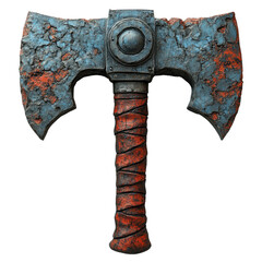 A vintage battle axe with unique rusted details on a white isolated background.,transparent background