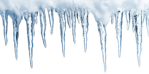An Inside view of cave icicles on transparent to white background.