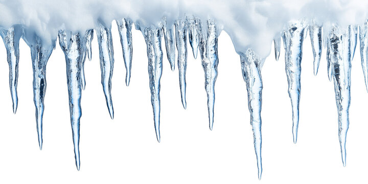 An Inside view of cave icicles on transparent to white background.