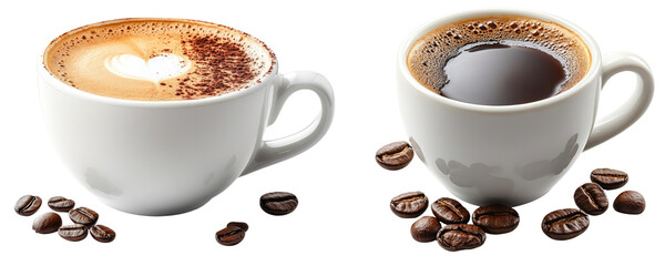Coffee cups with latte art and black coffee, surrounded by coffee beans, white background.,transparent background
