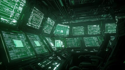 Fototapeta premium Futuristic Spaceship Communication Room with Crew Members Coordinating, Large Monitors, and Radio Transmissions - Sci-Fi Ray Tracing Illustration
