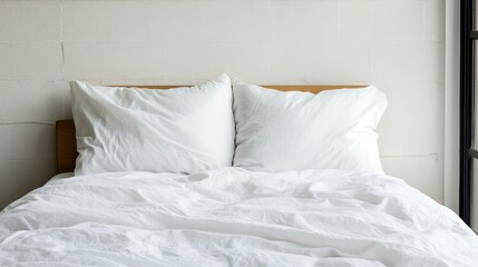 Cozy bed with soft white bedding, perfect for relaxation and comfort.