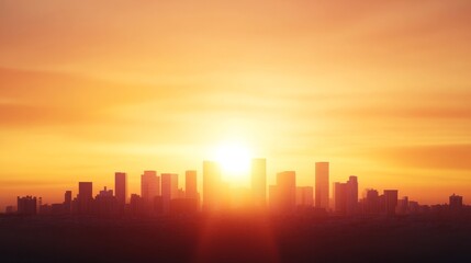 Fototapeta premium City skyline silhouette against a vibrant sunset background.