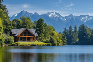 Obraz premium A beautiful wooden cabin stands by the edge of a calm mountain lake, surrounded by lush greenery and majestic snow-capped mountains, capturing the essence of tranquility and nature.