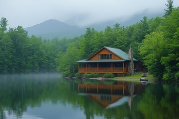 Obraz premium A cozy wooden cabin by a misty forest lake, surrounded by lush green trees and reflected in the calm water. The image evokes tranquility, nature, and a peaceful retreat.