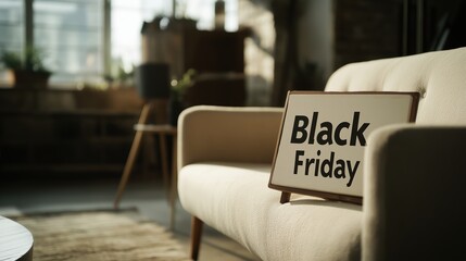 Black friday sale in modern furniture store with sleek sofa