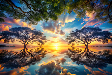 A serene landscape featuring majestic trees against a vibrant sunset sky, reflected beautifully on a tranquil water surface.