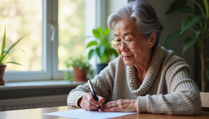 Elderly Asian woman writing a letter by the window during the day.