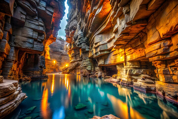 A stunning canyon landscape with vibrant rock formations and a serene, reflective water surface illuminated by soft, warm light.