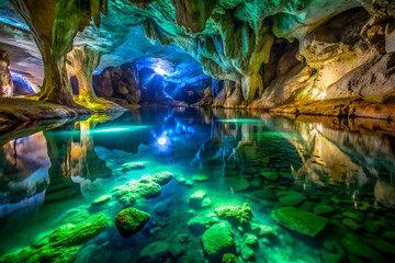 Fototapeta premium A vibrant cave scene featuring glowing blue and green lights reflecting on a tranquil water surface, surrounded by unique rock formations.