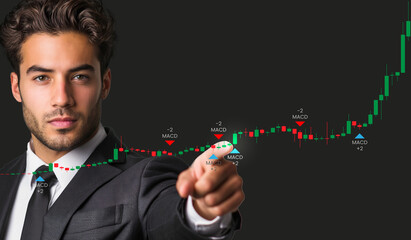 Businessman Pointing at Financial Chart with MACD Signals, Market Reversal Analysis with MACD Indicators, Stock Signal