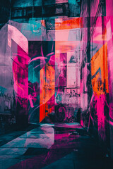 The image features an abstract, urban scene with bold, vibrant neon colors like pink and purple, layered over a graffiti-covered wall. The interplay of light and shadows creates a surreal, futuristic 