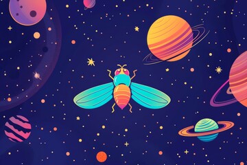 Naklejka premium Colorful cosmic insect amidst vibrant planets and stars