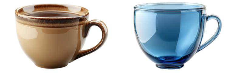 Two coffee cups in different colors, white isolated background,transparent background