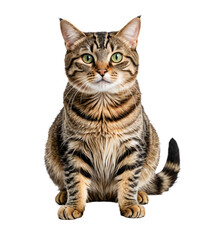 Obraz premium A tabby cat with striking green eyes and black stripes sits upright in the center of a white background, its tail curled around its body and head slightly tilted to the left