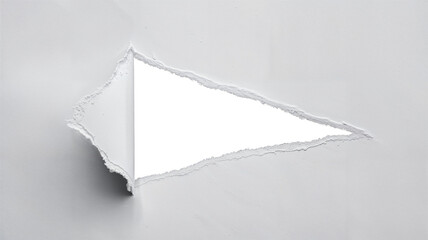 a torn piece of white paper with a triangular-shaped hole . The torn edges are irregular and jagged with a transparent background