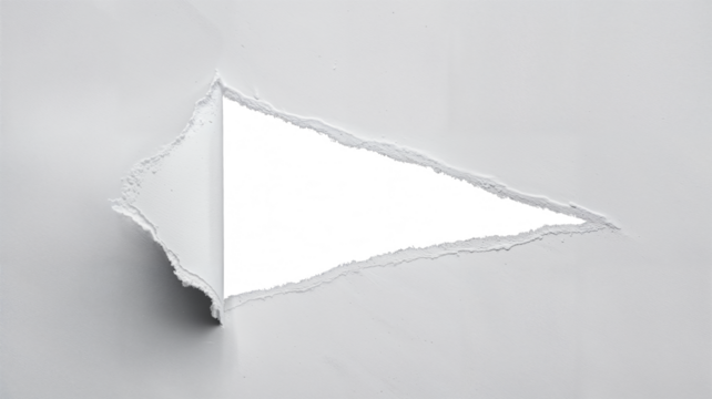 a torn piece of white paper with a triangular-shaped hole . The torn edges are irregular and jagged with a transparent background