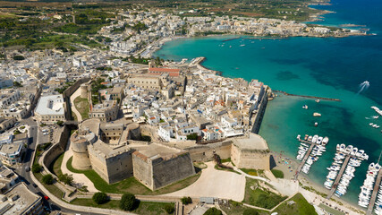 Aerial view of the castle, the Norman cathedral and port in the historic center of Otranto in the...