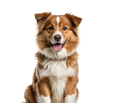 A brown and white dog with a pink collar sits upright in the center of a white background, its tongue out and eyes closed, exuding a sense of calm and contentment