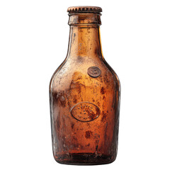 Vintage amber bottle with embossed design, against white isolated background.,transparent background