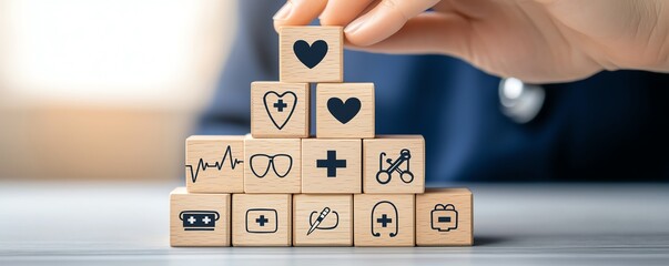 A hand places health-themed wooden blocks into a pyramid structure, symbolizing wellness, care, and the importance of health.