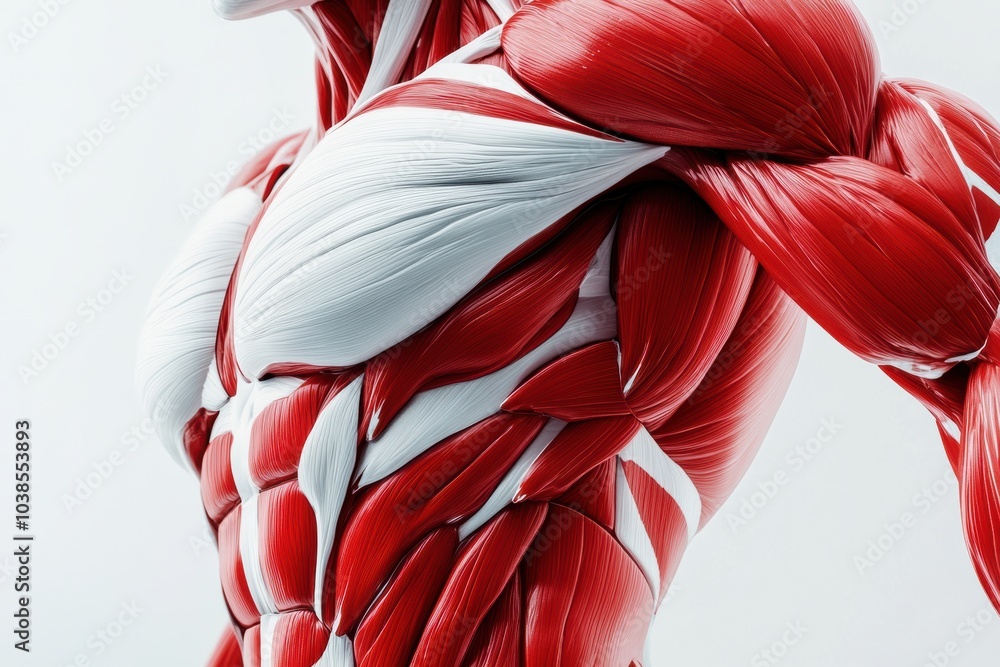 Poster this 3d close-up highlights the striking red and white muscle structure, focusing on the anatomy's d