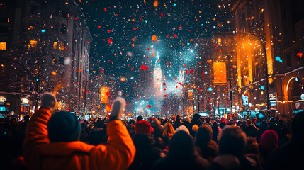 Fototapeta premium A crowd celebrating in the streets, with confetti falling as the background, during midnight on New Year's Eve