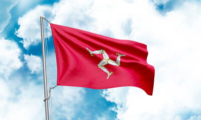 Isle of Man flag waving on sky background. 3D Rendering