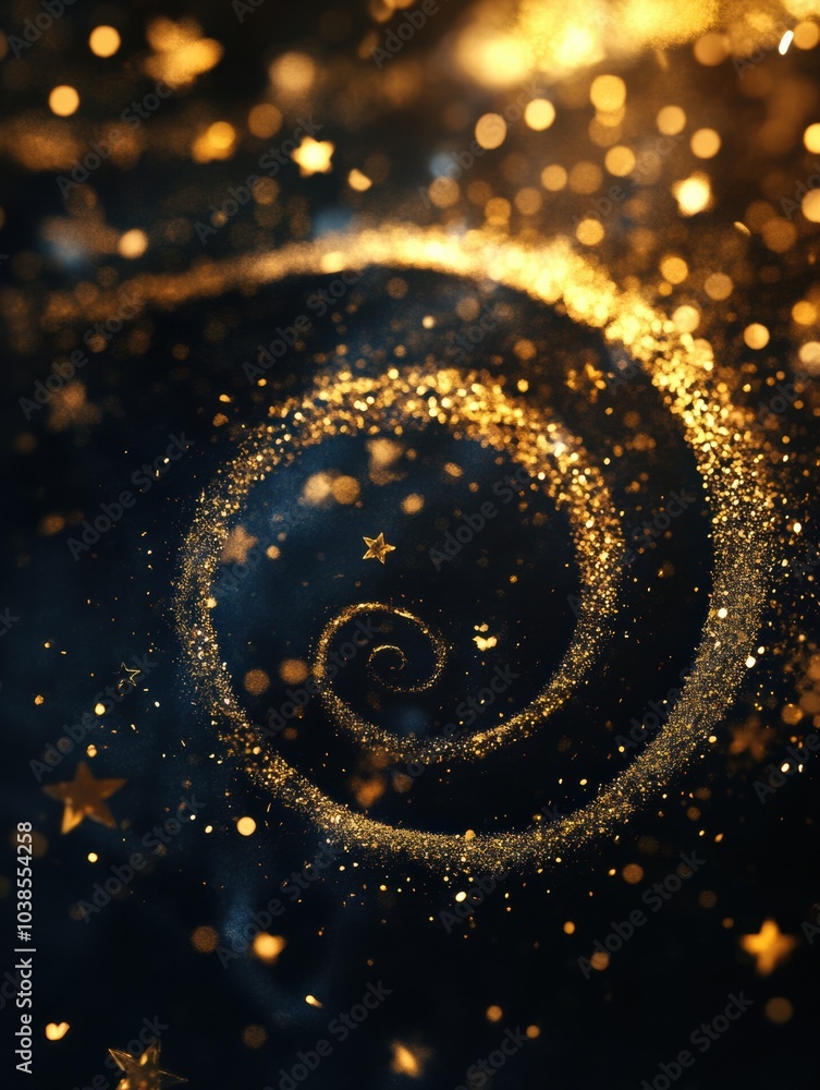 Poster Intertwining golden spirals and stars dance against a dark backdrop, creating an abstract and festive atmosphere perfect for Christmas. Generative AI