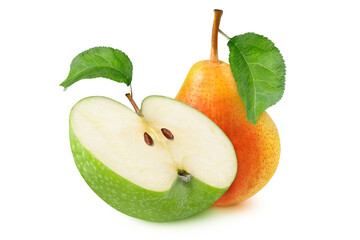 Apple and pear with leaves on isolated white background.