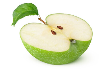 Green apple slice with leaf on isolated white background.