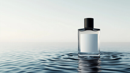 perfume container , bottle with blank label for copy space , sea on background , beach 