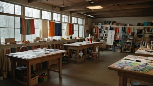 Brightly lit workshop filled with colorful fabric swatches and sketches