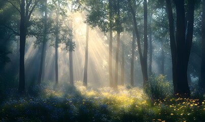 Fototapeta premium A_misty_forest_bathed_in_soft_morning_light_with_dark,generation AI