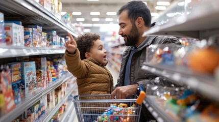 Father and child shopping together in a grocery store, joyful moment between parent and child.