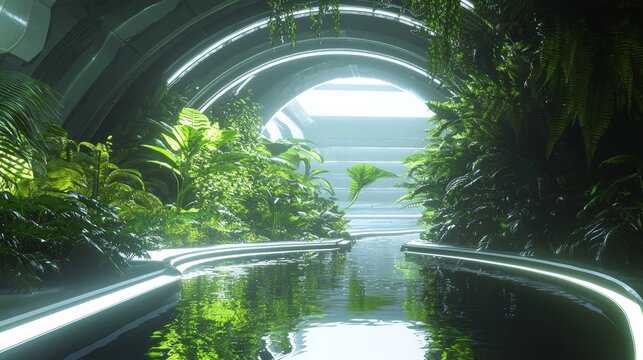 Futuristic Spaceship Garden Oasis - Sci-Fi Ray Tracing Illustration with Glowing Plants and Tranquil Water Feature