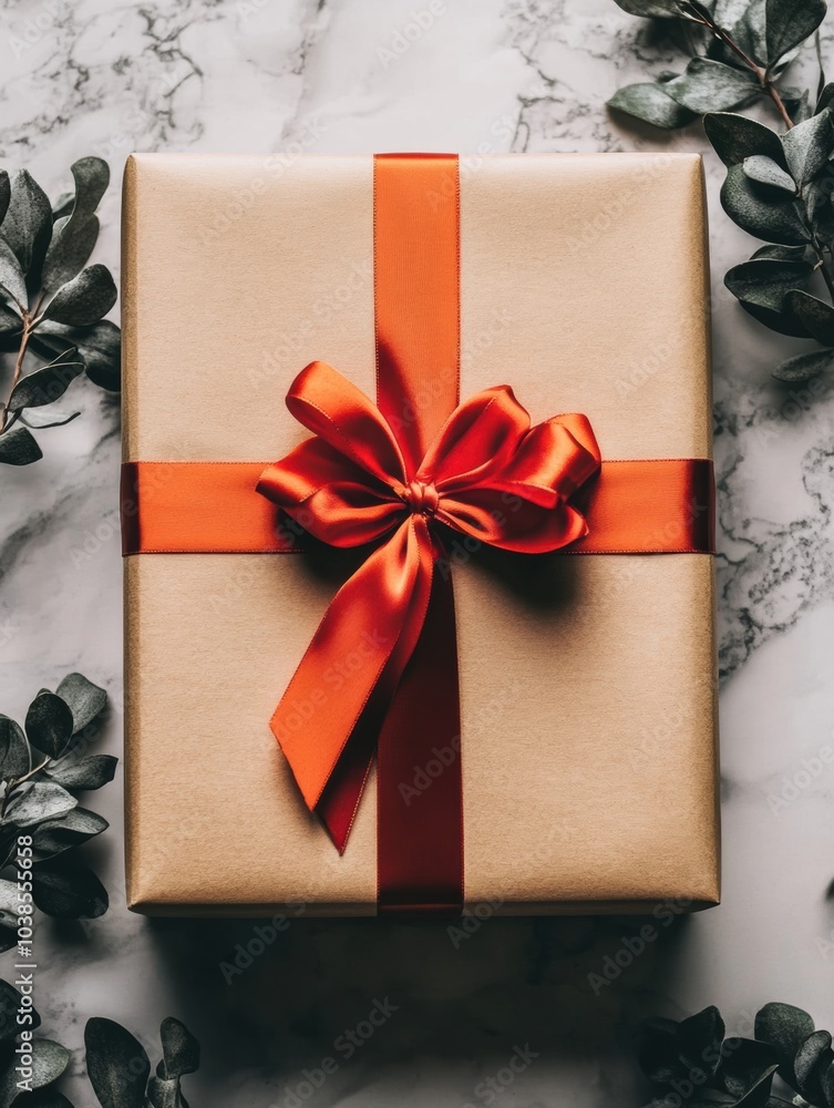 Poster the large gift box features neutral wrapping and a bright orange bow, set on a marble surface with d
