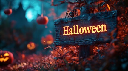 Halloween pumpkin with glowing decor on spooky path