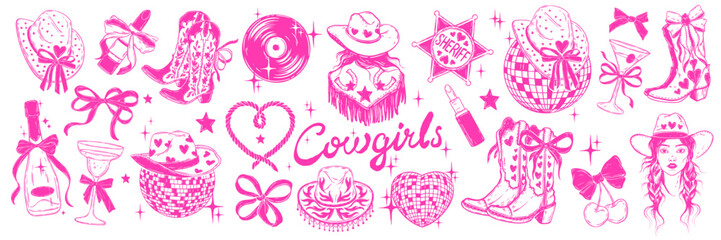 Cowgirl coquettish groovy party icon set vector hand drawn western bachelorette dancing doodle. American traditional hat, cowboy boots, disco ball, country woman face. Pink ribbon, cowgirl party print